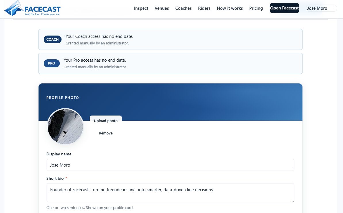 The coach profile editor with specialties and certifications.