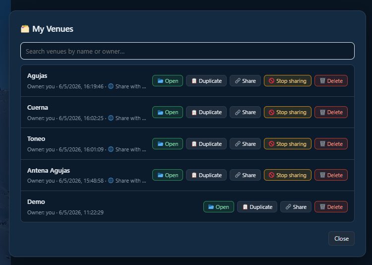 The My Venues dialog listing cloud-saved inspections with search.
