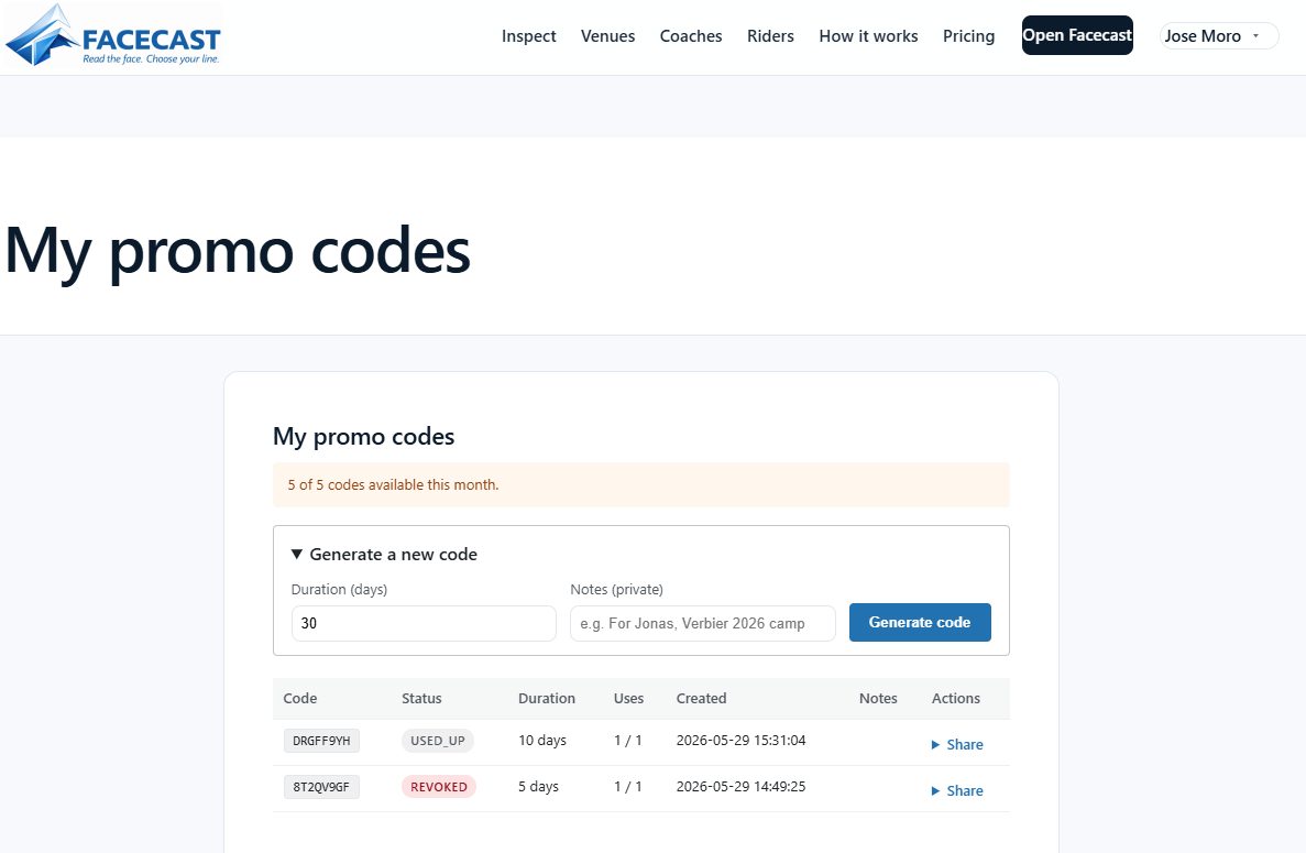 The coach promo-code panel: generate, list, revoke, email.
