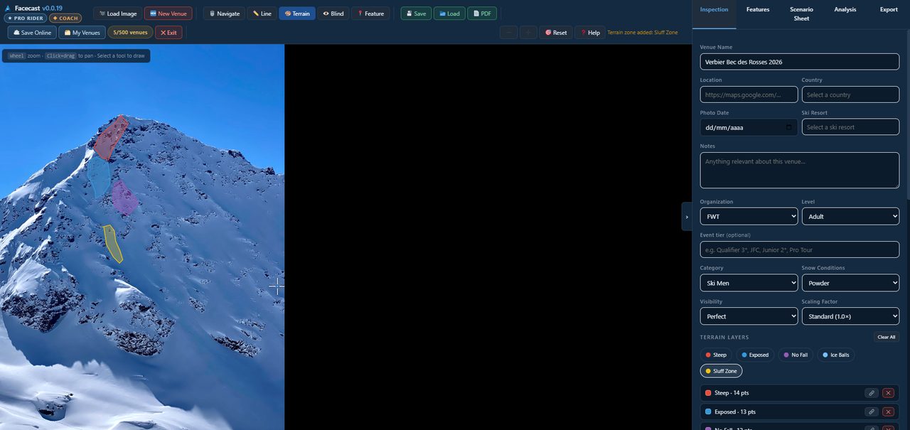 Terrain tool: a face with Steep / Exposed / No-Fall / Sluff zones shaded, chips visible.