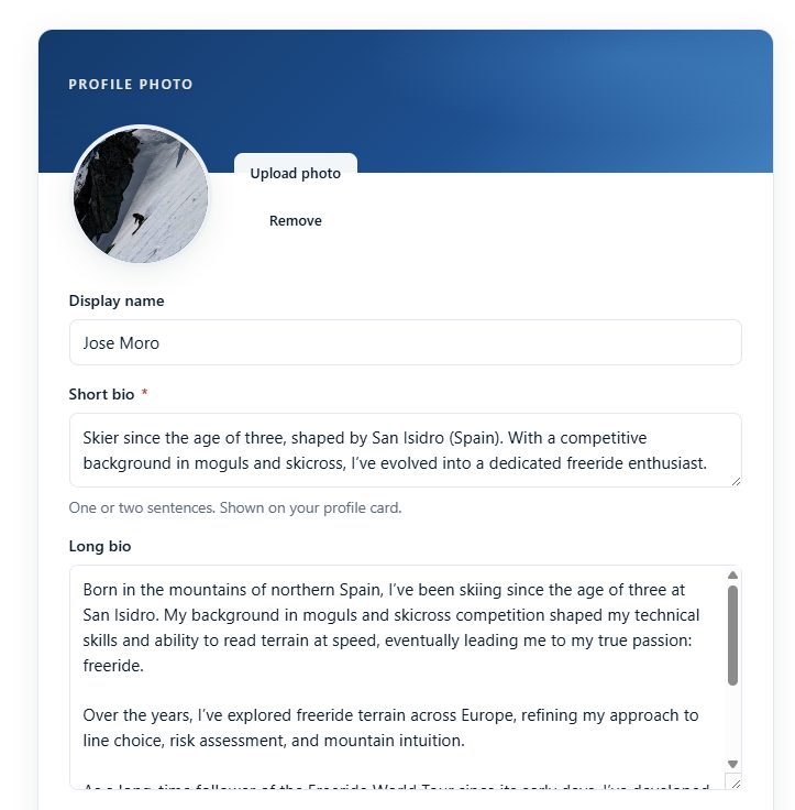 The rider profile editor with photo, bio, discipline chips and contact fields.